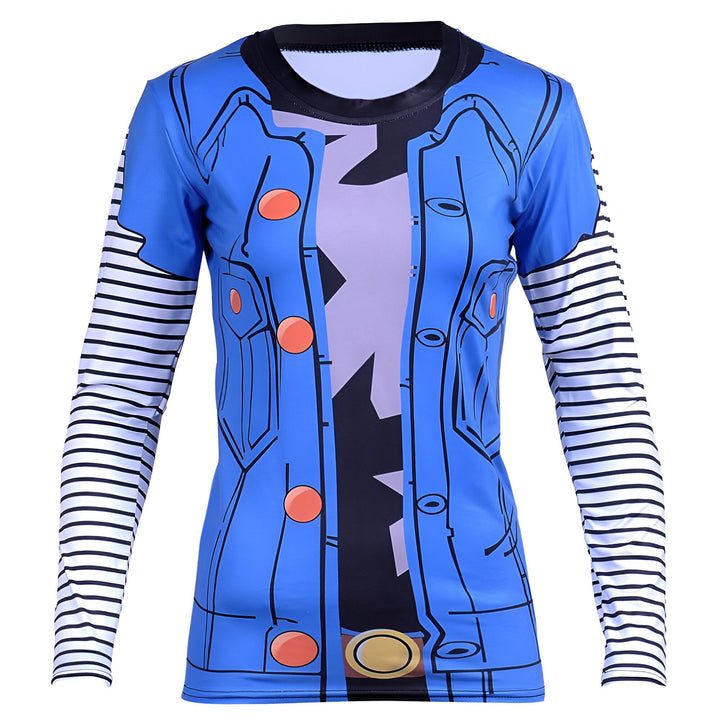 Une image d'un t-shirt manches longues bleu avec des rayures blanches sur les manches et une image de Son Gohan dessus.,T--0286873532,T--8586344915,T--1131548078,T--3760793258,T--7543989247,T--3629055621,T--5535393215