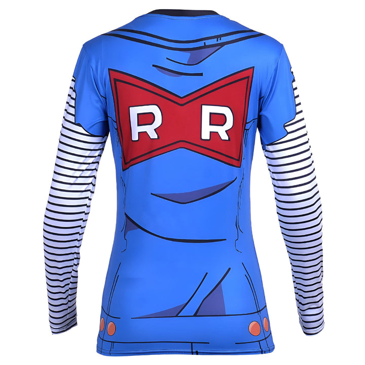 Une image du dos d'un t-shirt bleu à manches longues. Le t-shirt a un logo rouge avec les lettres "RR" dessus.,T--0286873532,T--8586344915,T--1131548078,T--3760793258,T--7543989247,T--3629055621,T--5535393215