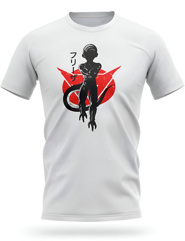 Une image d'un t-shirt blanc avec un motif rouge et noir de Freezer, un personnage de la série Dragon Ball Z.,T--1949573516,T--305844785X,T--1906185492,T--7592010356,T--686431846X,T--0580856372