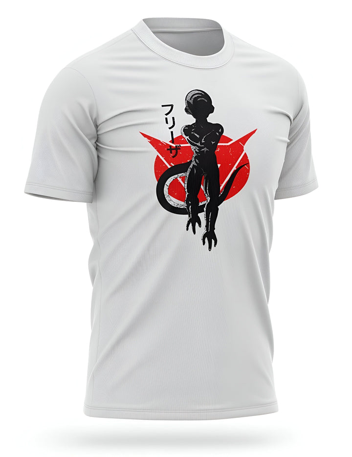 Une image d'un t-shirt blanc avec un motif de Freezer, un personnage de Dragon Ball Z. Freezer est représenté de couleur noir avec un cercle rouge en fond.,T--1949573516,T--305844785X,T--1906185492,T--7592010356,T--686431846X,T--0580856372