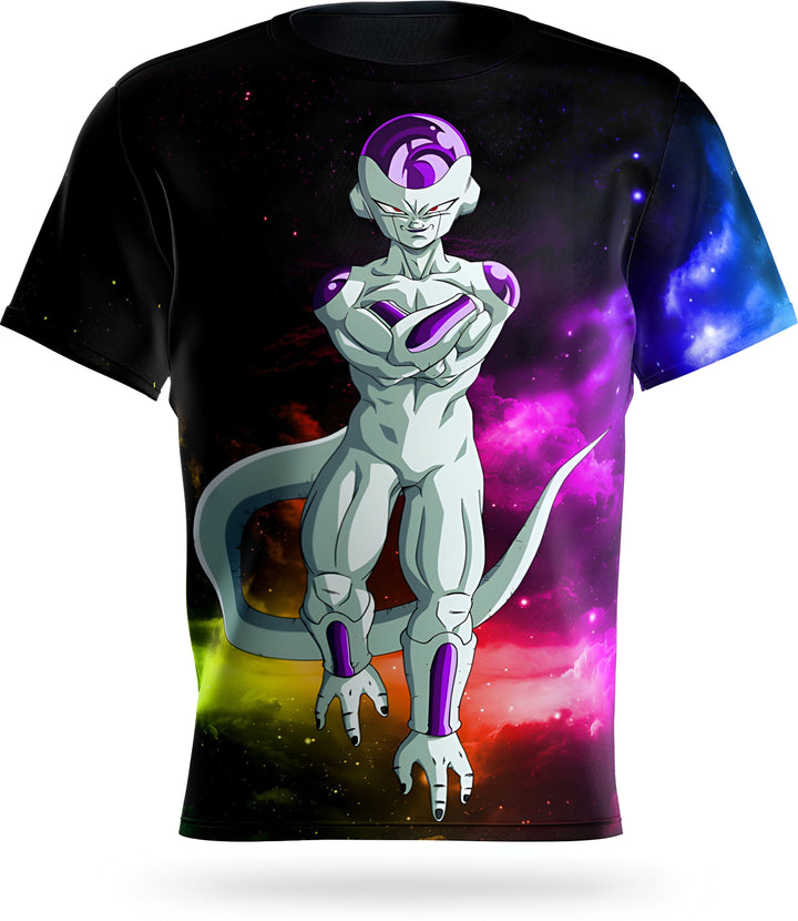 L'image représente un t-shirt noir avec un imprimé de Freezer, un personnage de la série Dragon Ball Z. Freezer est représenté en train de se tenir debout, les bras croisés, sur un fond de ciel étoilé.,T--8373692800,T--6764647062,T--7060371893,T--4668020001,T--5636658613,T--6396961059,T--9763902347,T--7879043632