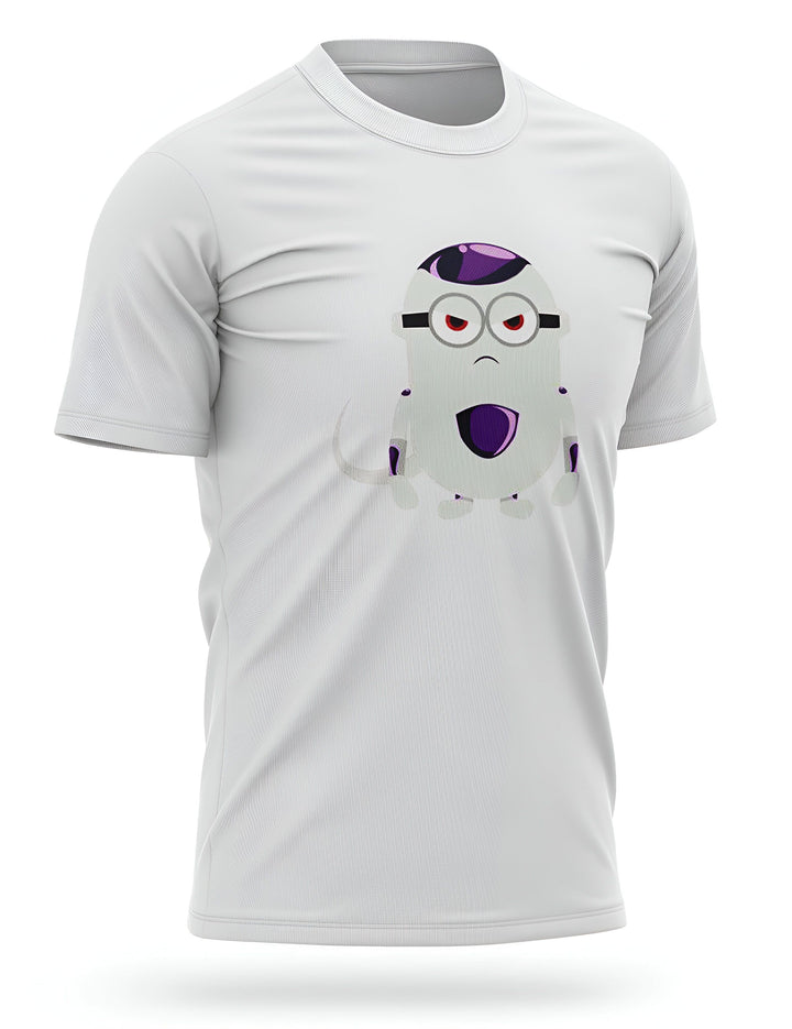 Une image d'un t-shirt blanc avec un personnage de dessin animé imprimé dessus. Le personnage est une parodie de Freezer, un méchant de la série Dragon Ball Z. Il est représenté avec le corps d'un Minion, une créature jaune et ronde issue de la franchise Moi, moche et méchant. Freezer porte également les lunettes de Piccolo, un autre personnage de Dragon Ball Z.,T--5697653786,T--0873960254,T--5765106366,T--287400135X,T--6777632492,T--3896980688