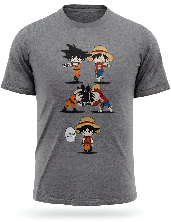 Le t-shirt gris représente Son Goku et Monkey D. Luffy, deux personnages de mangas très populaires. Son Goku est un Saiyan, un extraterrestre originaire de la planète Vegeta, et Monkey D. Luffy est un pirate qui rêve de devenir le roi des pirates. Les deux personnages sont représentés en train de se battre, et Son Goku semble avoir le dessus. Le t-shirt est en coton et est disponible en plusieurs tailles.