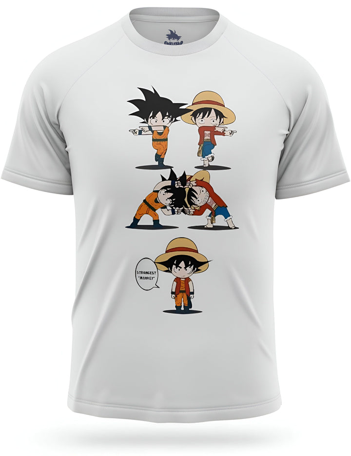L'image représente un t-shirt blanc avec un motif de Son Goku et Luffy, deux personnages de mangas. Son Goku est un Saiyan, un extraterrestre, et Luffy est un pirate. Ils sont tous les deux très forts et ont des pouvoirs spéciaux. Son Goku peut se transformer en Super Saiyan, ce qui lui donne une force et une vitesse accrues. Luffy peut utiliser le Gomu Gomu no Mi, un fruit du démon qui lui donne le pouvoir de s'étirer comme du caoutchouc.