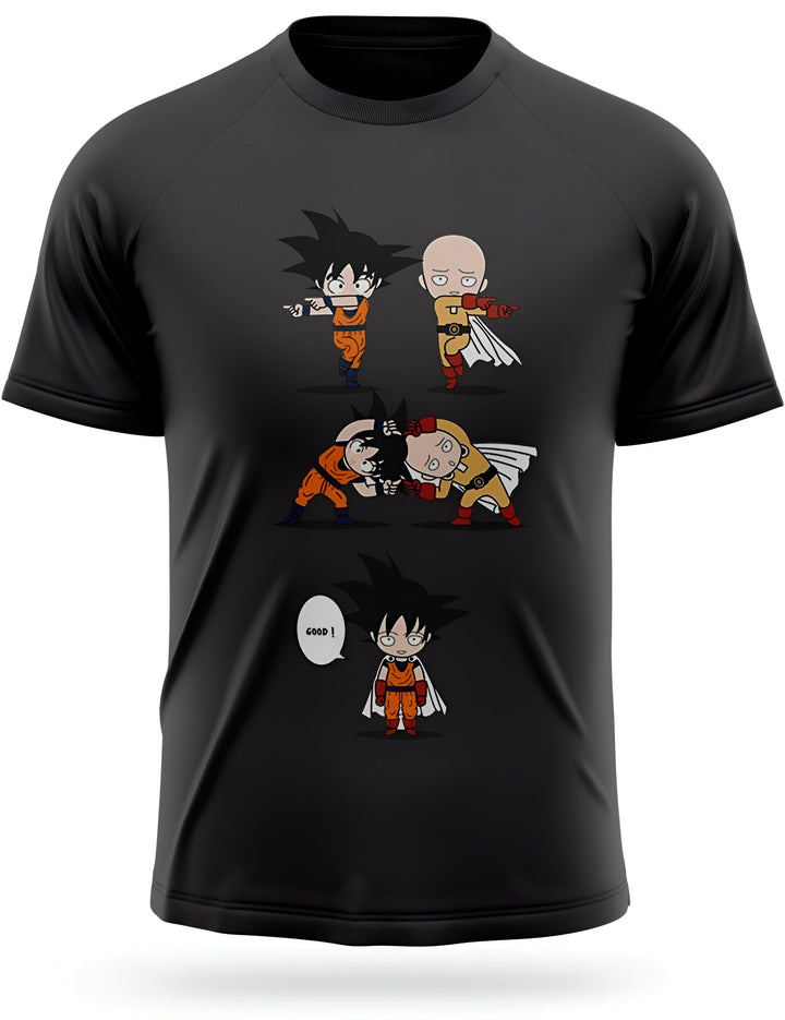 L'image représente un t-shirt noir avec un motif de dessins animés. Le motif représente Goku, le personnage principal de la série Dragon Ball Z, et Saitama, le personnage principal de la série One Punch Man. Goku est en train de se battre contre Saitama, et Saitama est en train de le vaincre. Le t-shirt est disponible en plusieurs tailles et couleurs.