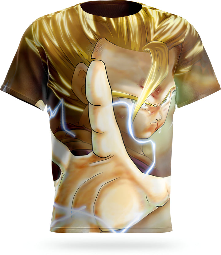 L'image représente un t-shirt jaune à l'effigie du personnage de Son Gohan, un personnage de la série animée Dragon Ball Z. Il est représenté en train de lancer une attaque énergétique.,T--8332896258,T--5760266047,T--5379846254,T--4066459609,T--5376824454,T--4303275433,T--7607428895,T--2430834162,T--0506571416