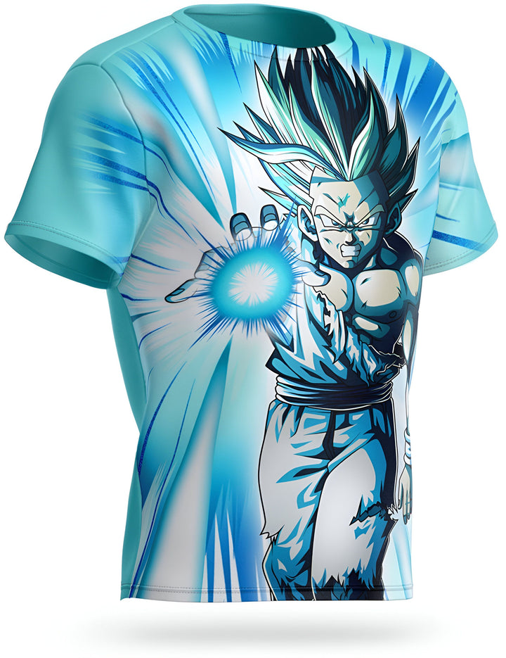 Une image d'un t-shirt bleu avec un personnage de Dragon Ball Z, Gohan, en train de tirer une boule d'énergie bleue.,T--5205641665,T--1008619000,T--4501346078,T--0294672389,T--6528952442,T--957444578X,T--8539299577,T--9704183984