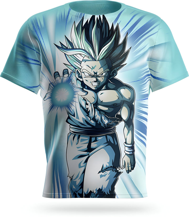 Une image d'un t-shirt bleu avec un personnage de dessin animé japonais, Son Gohan, en train de charger une boule d'énergie bleue.,T--5205641665,T--1008619000,T--4501346078,T--0294672389,T--6528952442,T--957444578X,T--8539299577,T--9704183984