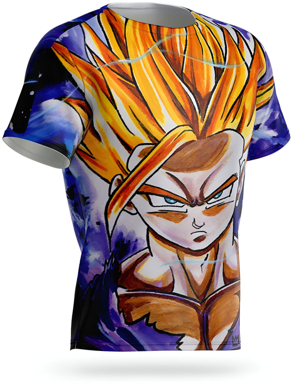 L'image représente un t-shirt bleu avec un imprimé du personnage de Son Gohan, un personnage de la série animée Dragon Ball Z. Il est représenté avec ses cheveux jaunes et ses yeux bleus, et porte une expression sérieuse.,T--761927779X,T--2938537654,T--1734583630,T--661229003X,T--5602803831,T--9006269646,T--5959223511,T--5535862592