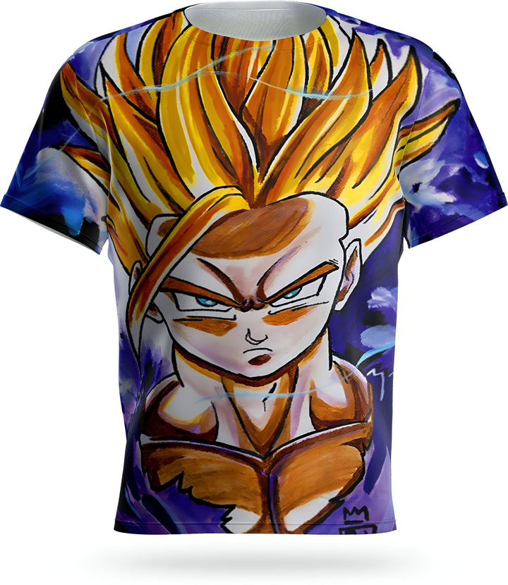 L'image représente un t-shirt avec un personnage de dessin animé japonais. Le personnage est un jeune homme avec des cheveux jaunes et des yeux bleus. Il porte une combinaison bleue et orange. Le t-shirt est bleu avec des éclairs jaunes.,T--761927779X,T--2938537654,T--1734583630,T--661229003X,T--5602803831,T--9006269646,T--5959223511,T--5535862592