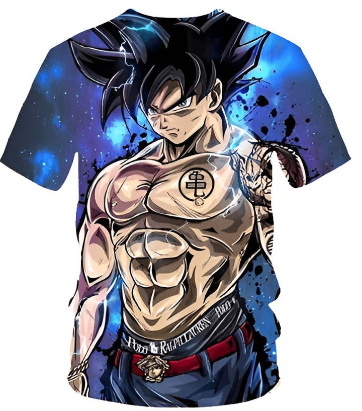 Une image de Son Goku, un personnage de la série animée Dragon Ball Z. Il est représenté avec une peau bronzée, des cheveux noirs hérissés et des yeux bleus. Il porte une chemise bleue ouverte, un pantalon orange et une ceinture marron. Il a également des tatouages sur les bras et sur la poitrine.,T--614306749X,T--0159580501,T--8316601494,T--7116496645,T--9604445553,T--962143050X,T--5869757533,T--4211590073,T--0990638650,T--2250024669,T--191080696X