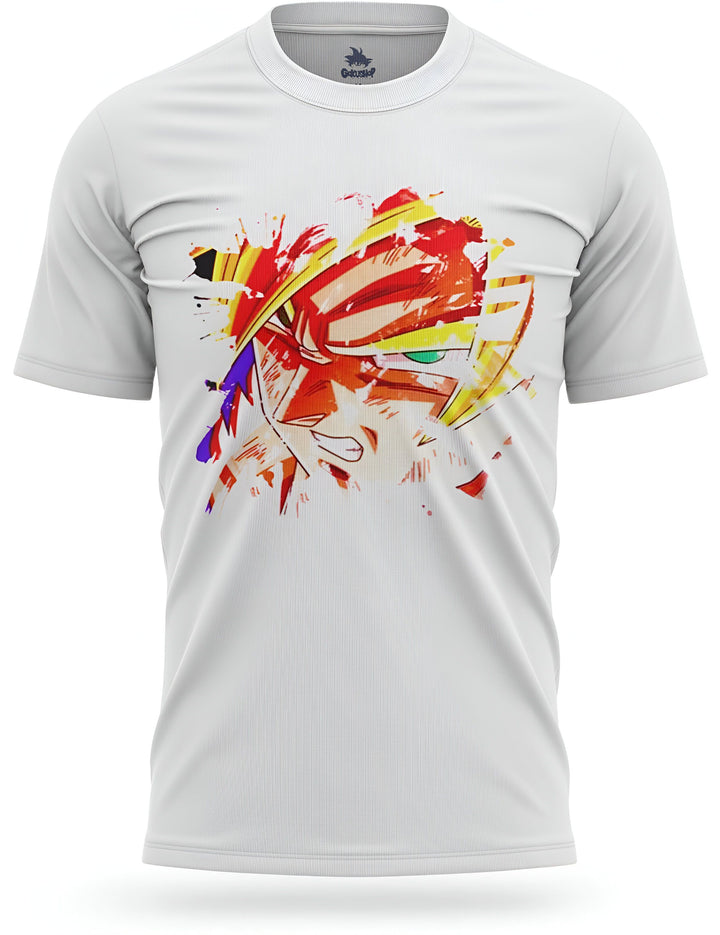 Le t-shirt blanc présente une illustration de Son Goku, un personnage de la série animée japonaise Dragon Ball Z. Il est représenté avec les cheveux jaunes hérissés, les yeux verts et la bouche ouverte. Il est entouré d'éclairs jaunes et rouges.,T--2463333820,T--4244035397,T--0878727299,T--643006655X,T--694522077X,T--9523707027