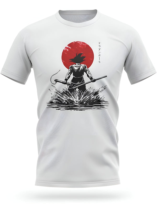 Une image d'un t-shirt blanc avec un dessin de Son Goku, un personnage de la série animée Dragon Ball Z. Son Goku est représenté de dos, en train de marcher sur l'eau. Il porte un bâton dans sa main droite et un autre dans sa main gauche. Le soleil se reflète dans l'eau.,T--2128363500,T--2268318710,T--6317473145,T--4688361041,T--0268759189,T--3207287131