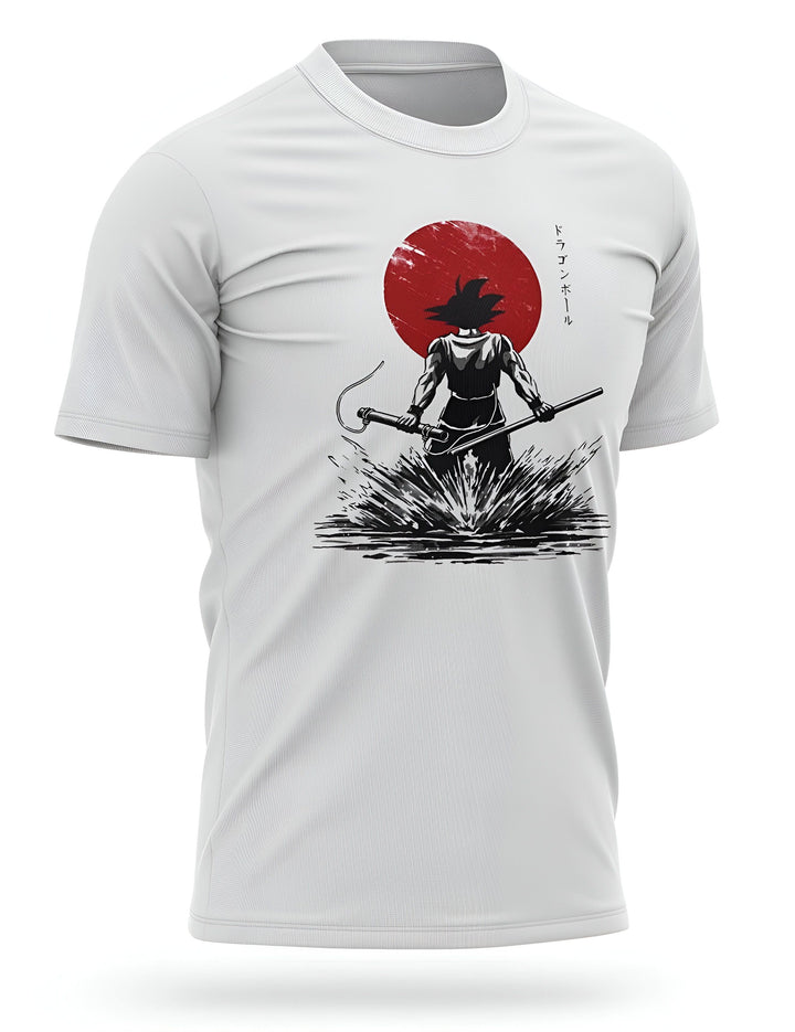 Une image d'un t-shirt blanc avec un dessin de Son Goku, un personnage de la série animée Dragon Ball Z. Son Goku est représenté de dos, en train de marcher sur l'eau. Il porte un bâton à la main. Le soleil se couche en arrière-plan.,T--2128363500,T--2268318710,T--6317473145,T--4688361041,T--0268759189,T--3207287131