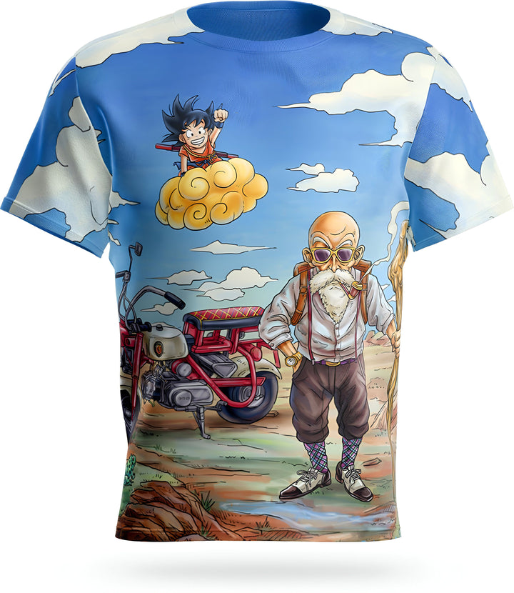 Une image de Son Goku et de Tortue Géniale sur un t-shirt. Son Goku est un jeune garçon avec des cheveux noirs et des yeux bleus. Il porte une combinaison orange et une ceinture bleue. Il est assis sur un nuage et sourit. Tortue Géniale est un vieil homme avec une longue barbe blanche et des lunettes de soleil. Il porte un chapeau marron, une chemise bleue et un pantalon marron. Il est assis sur une moto et tient une canne.