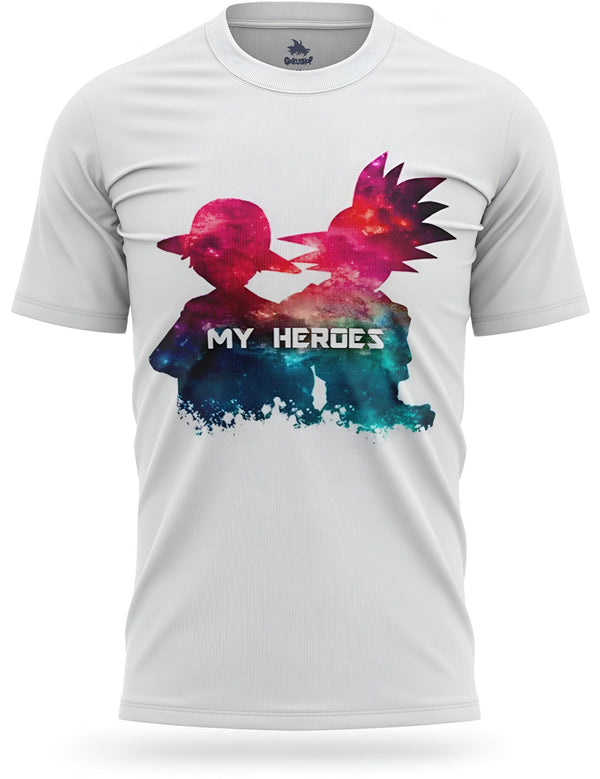 Le t-shirt blanc représente deux personnages de dessins animés, Son Goku et Monkey D. Luffy, en train de se battre. Le fond est coloré et représente un ciel étoilé. Le texte "My Heroes" est écrit en lettres noires en haut du t-shirt.,T--1317393619,T--9138114704,T--8801519176,T--9643689263,T--4267758751,T--4959427876