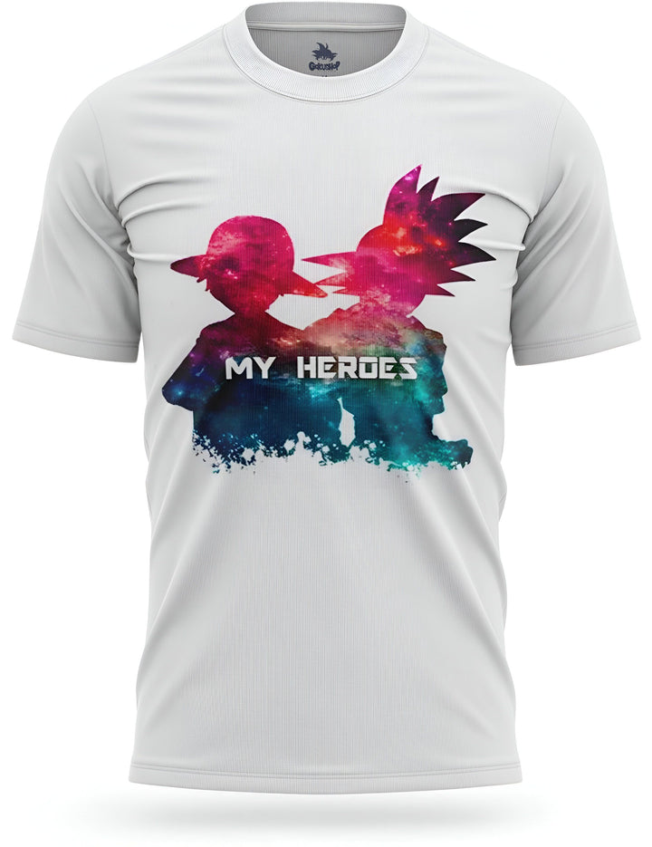 Le t-shirt blanc représente deux personnages de dessins animés, Son Goku et Monkey D. Luffy, en train de se battre. Le fond est coloré et représente un ciel étoilé. Le texte "My Heroes" est écrit en lettres noires en haut du t-shirt.,T--1317393619,T--9138114704,T--8801519176,T--9643689263,T--4267758751,T--4959427876