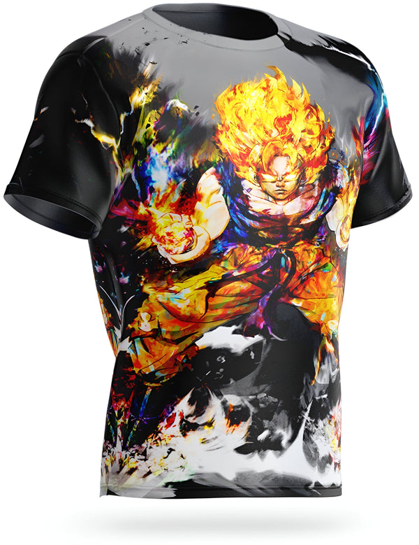 Le t-shirt représente Son Goku, un personnage de la série animée Dragon Ball Z. Il est vêtu de son costume de combat orange et bleu et est en pleine action. L'arrière-plan est coloré et dynamique, avec des éclairs et des explosions.,T--1533835292,T--5275127022,T--8098344673,T--3993305396,T--5225827349,T--7747786999,T--3355038997