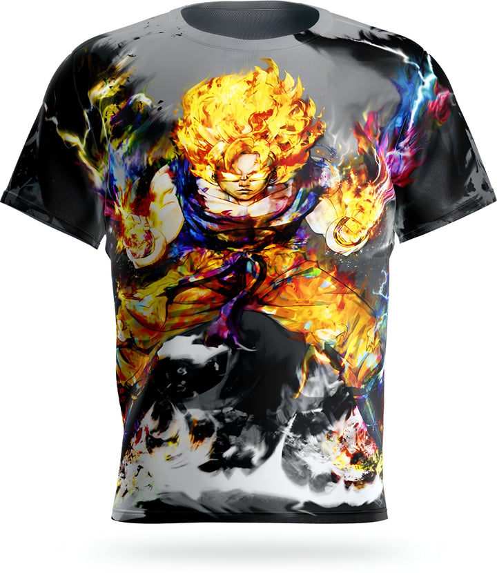 Une image d'un t-shirt avec un personnage de l'anime Dragon Ball Z, Son Goku. Il est en train de se battre et est entouré d'énergie.,T--1533835292,T--5275127022,T--8098344673,T--3993305396,T--5225827349,T--7747786999,T--3355038997
