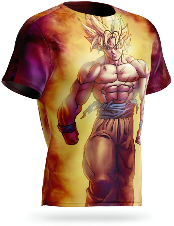 Une image de Son Goku, un personnage de la série animée Dragon Ball Z. Il est représenté avec ses cheveux blonds hérissés, sa peau dorée et ses muscles saillants. Il porte une combinaison orange et bleue déchirée et une ceinture bleue. Il est en position de combat, le poing droit en avant et le gauche replié près de son corps. En arrière-plan, on peut voir une aura jaune et rouge.,T--6787380151,T--206451340X,T--9543231109,T--9717817898,T--5256397168,T--3642220002,T--577098855X,T--7217643414