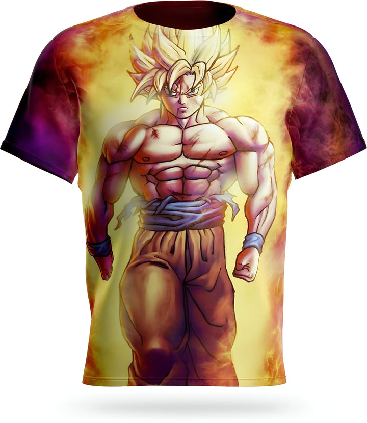 L'image représente un t-shirt avec un personnage de dessin animé japonais, Son Goku, en train de se battre. Il est entouré de flammes et porte une combinaison orange et bleue.,T--6787380151,T--206451340X,T--9543231109,T--9717817898,T--5256397168,T--3642220002,T--577098855X,T--7217643414