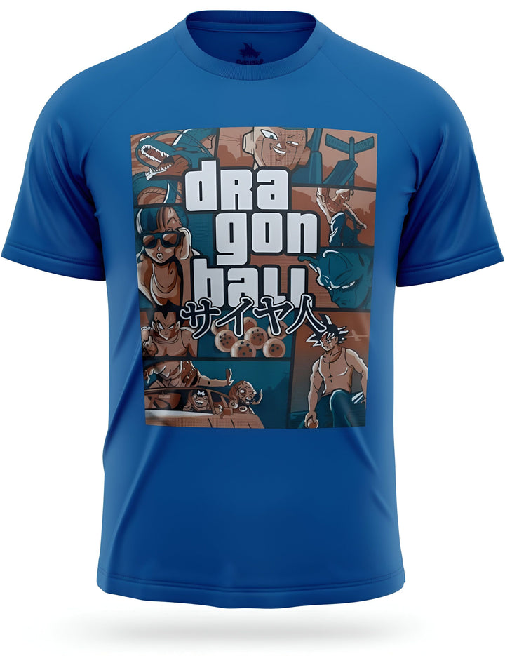 Le t-shirt bleu présente un motif inspiré du manga et de l'anime Dragon Ball. On y voit plusieurs personnages de la série, dont Goku, Vegeta, Gohan, Piccolo et Krilin. Le texte "Dragon Ball" est écrit en japonais.