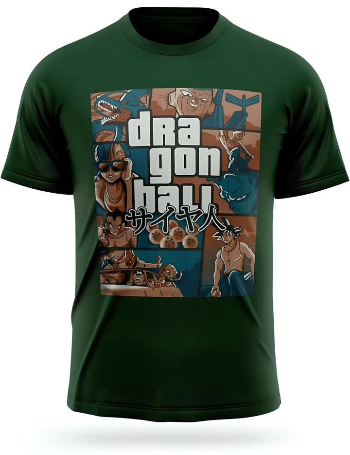 Le t-shirt vert représente le personnage de Son Goku, un Saiyan, dans différentes scènes du manga Dragon Ball. On le voit notamment en train de combattre Freezer, un puissant extraterrestre, et de voler sur son nuage magique. Le t-shirt est également orné du logo de la série, en japonais.
