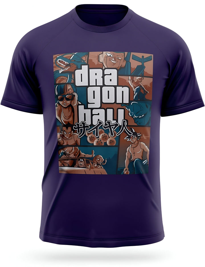 Une image d'un t-shirt violet avec un imprimé Dragon Ball Z. On peut y voir Goku, Vegeta, Gohan, Piccolo, Trunks, Krilin et C-18.