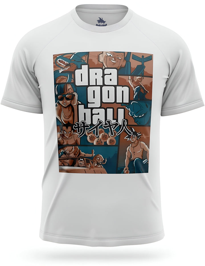 Une image d'un t-shirt blanc avec un imprimé Dragon Ball Z. On peut y voir Goku, Vegeta, Gohan, Piccolo, Trunks et Krilin.