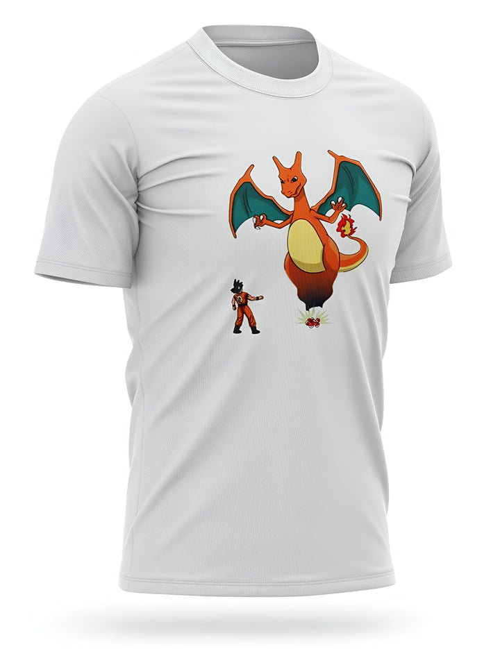 L'image représente un t-shirt blanc avec un personnage de dessin animé, Son Goku, en train de combattre un Pokémon, Charizard. Son Goku est en train de lui lancer un Kamehameha.,T--8326735523,T--8758586881,T--0127895310,T--1324768673,T--127092348X,T--5497815340