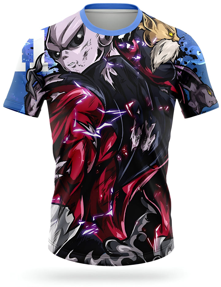 L'image représente un t-shirt avec un motif de Jiren, un personnage de la série Dragon Ball Super. Il est vêtu d'une combinaison rouge et noire et est entouré d'éclairs.,T--7058672113,T--6958536223,T--3768745759,T--3924693218,T--9049063322,T--1682417581,T--2582646806,T--054869897X,T--9594991402,T--3269595867,T--7196477154,T--0343718391,T--3813146553,T--5715058511