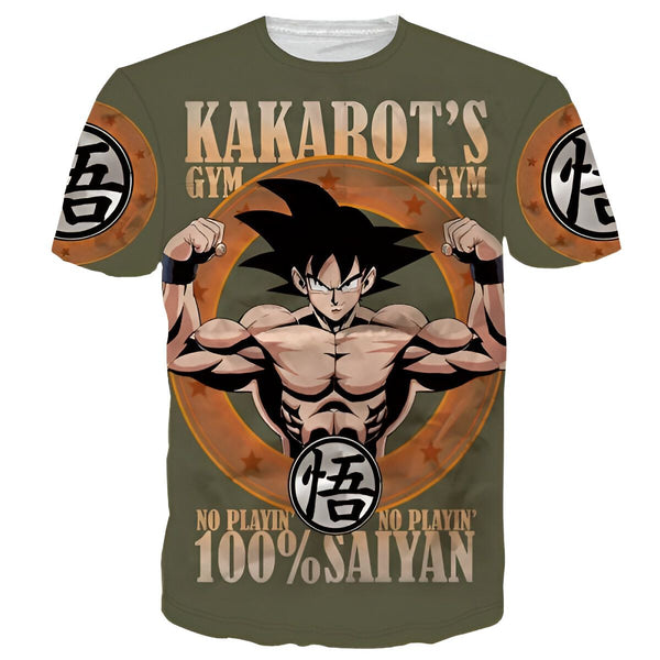 Le t-shirt représente Son Goku, un personnage de la série animée Dragon Ball Z. Il est vêtu d'une combinaison orange et bleue et est en train de s'entraîner dans une salle de sport. Le t-shirt est vert kaki avec des motifs orange et noirs.,T--629801764X,T--1974236153,T--4928236025,T--1518253474,T--2619096391