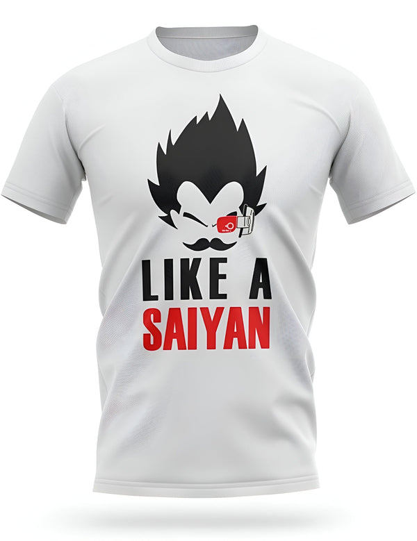 Le t-shirt blanc a un col rond et des manches courtes. Il y a un motif sur le devant du t-shirt. Le motif est une illustration de Vegeta, un personnage de la série animée Dragon Ball Z. Vegeta est représenté avec une moustache et un monocle. Il y a du texte écrit sous l'illustration. Le texte dit "Like a Saiyan".,T--9630752506,T--5132865305,T--3063855928,T--0352296208,T--0213557495,T--9139946940