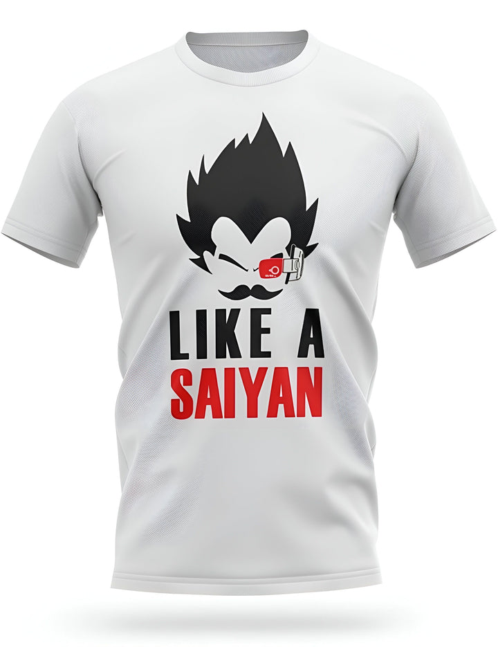 Le t-shirt blanc a un col rond et des manches courtes. Il y a un motif sur le devant du t-shirt. Le motif est une illustration de Vegeta, un personnage de la série animée Dragon Ball Z. Vegeta est représenté avec une moustache et un monocle. Il y a du texte écrit sous l'illustration. Le texte dit "Like a Saiyan".,T--9630752506,T--5132865305,T--3063855928,T--0352296208,T--0213557495,T--9139946940