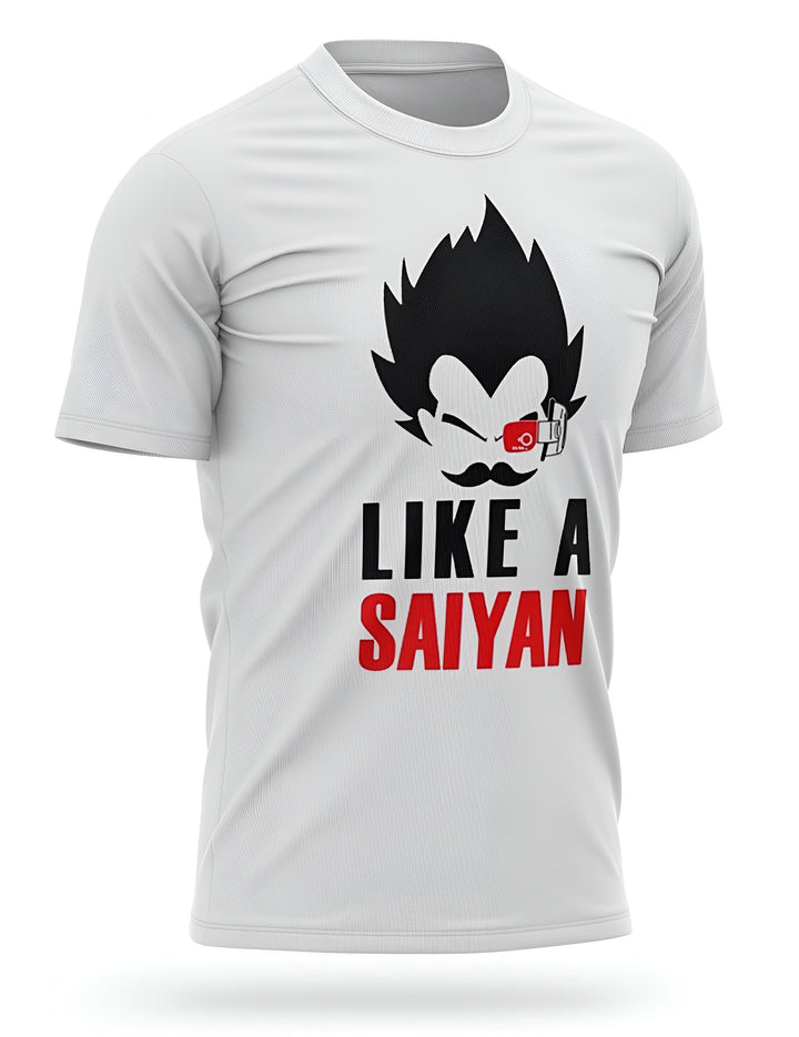 Le t-shirt blanc a une image de Vegeta, un personnage de Dragon Ball Z. Il a les cheveux noirs et porte un scouter. Il y a du texte rouge sur le t-shirt qui dit "Like a Saiyan".,T--9630752506,T--5132865305,T--3063855928,T--0352296208,T--0213557495,T--9139946940