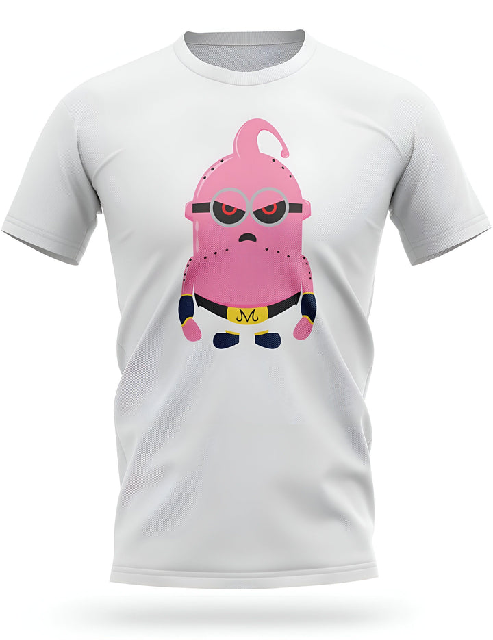 Une image d'un t-shirt blanc avec un personnage de dessin animé rose. Le personnage a de grands yeux rouges et porte des lunettes de soleil noires. Il porte également une ceinture jaune avec un M dessus.,T--9275125368,T--8275679478,T--4331639223,T--4439569684,T--5773290480,T--1720096708