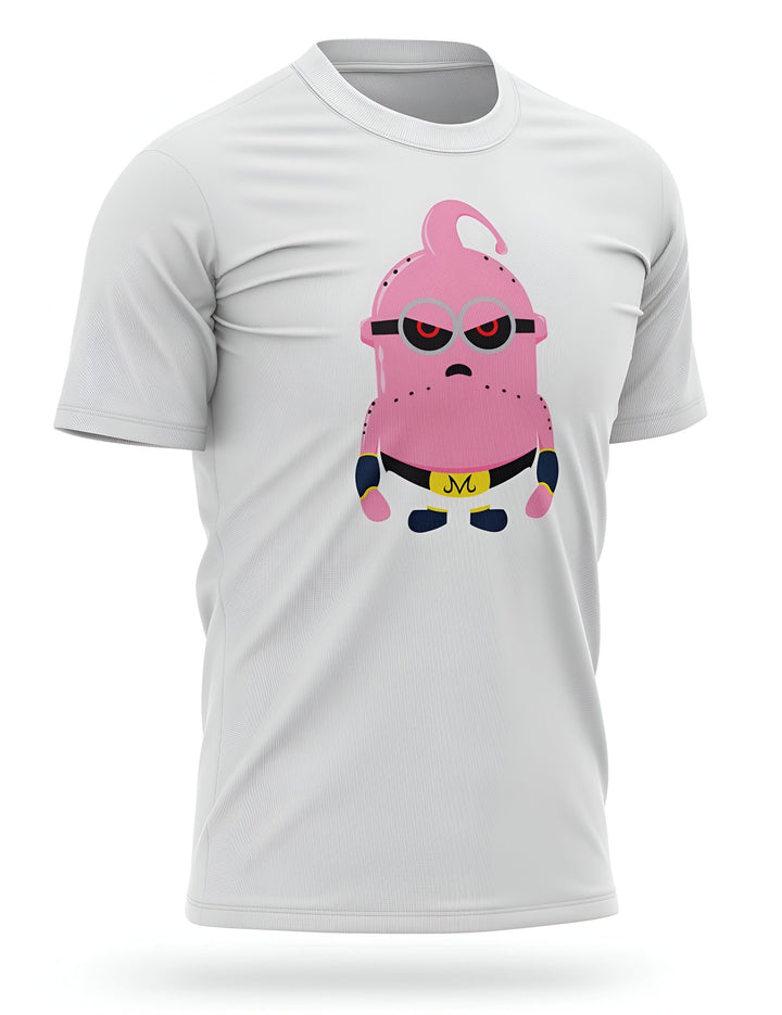 Une image d'un t-shirt blanc avec un personnage de dessin animé rose. Le personnage a de grands yeux rouges et porte une ceinture noire avec un M jaune. Il a également des poignets noirs.,T--9275125368,T--8275679478,T--4331639223,T--4439569684,T--5773290480,T--1720096708