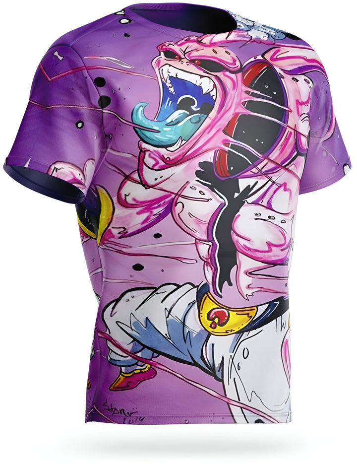 L'image représente un t-shirt violet avec un personnage de dessin animé japonais, Majin Buu, en train de crier. Il est entouré d'une aura rose et bleue.,T--8897410510,T--6609855358,T--7097111011,T--0614912296,T--799257348X,T--9444556638,T--089467062X,T--0020139896