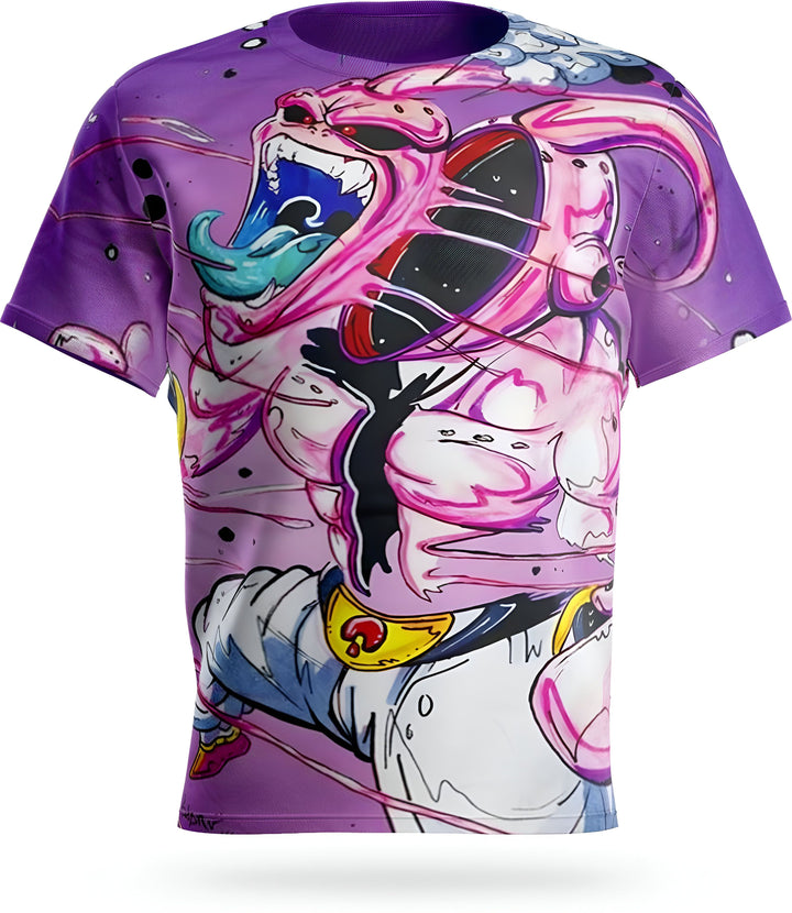 Le t-shirt représente le personnage de Majin Buu de la série Dragon Ball Z. Il est en train de crier et de se transformer en une créature monstrueuse. Le t-shirt est de couleur rose et violet.,T--8897410510,T--6609855358,T--7097111011,T--0614912296,T--799257348X,T--9444556638,T--089467062X,T--0020139896