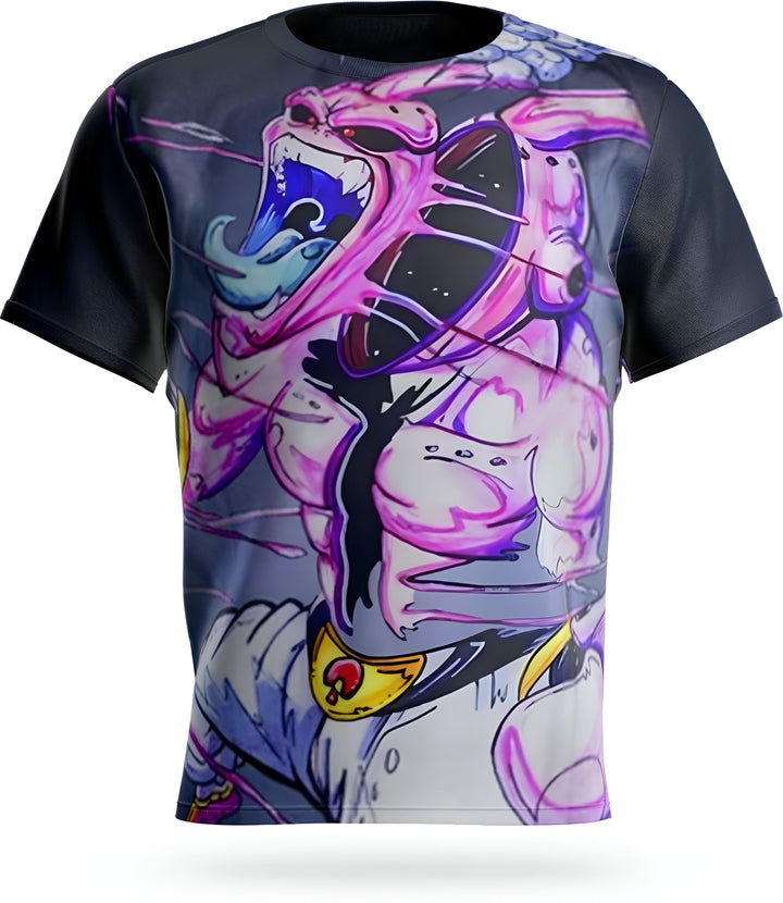 Le t-shirt représente un personnage de dessin animé en train de crier. Il est rose et a des cheveux bleus. Il porte un pantalon blanc et une ceinture jaune. Le fond est noir et il y a des éclairs autour du personnage.,T--8897410510,T--6609855358,T--7097111011,T--0614912296,T--799257348X,T--9444556638,T--089467062X,T--0020139896