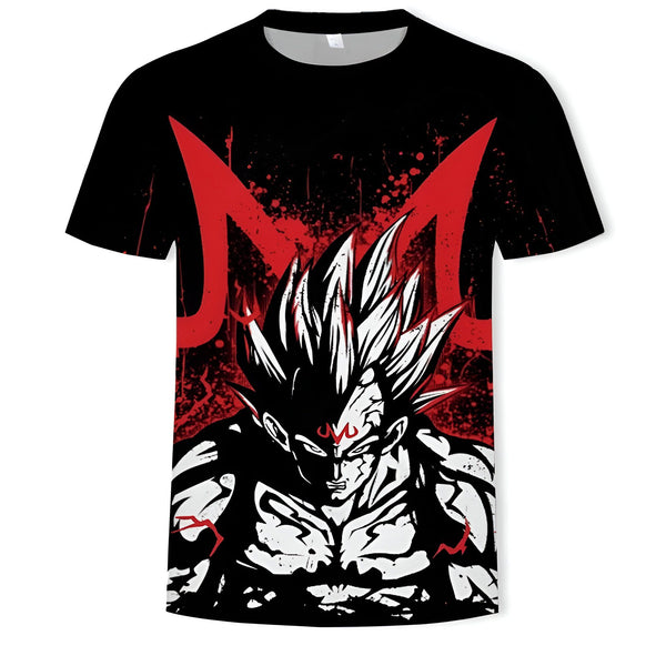 Le t-shirt représente Vegeta, un personnage de la série animée Dragon Ball Z. Il est vêtu d'une combinaison noire et rouge et a les cheveux hérissés. Il est en position de combat et semble prêt à attaquer.,T--7155161918,T--3989480316,T--932856820X,T--8890478853,T--921786367X,T--5936353591,T--619102374X