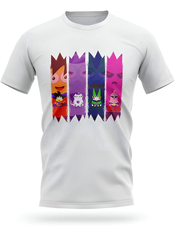 Le t-shirt blanc représente les personnages de la série Dragon Ball Z. On y voit Goku, Vegeta, Piccolo, Freezer et Majin Buu.,T--0591923092,T--3084648085,T--6603461080,T--7476497333,T--2016703903,T--2013793405