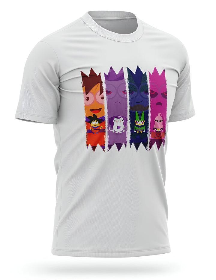 Le t-shirt blanc représente les personnages de la série Dragon Ball Z. On y voit Goku, Vegeta, Piccolo, Freezer et Majin Buu.,T--0591923092,T--3084648085,T--6603461080,T--7476497333,T--2016703903,T--2013793405