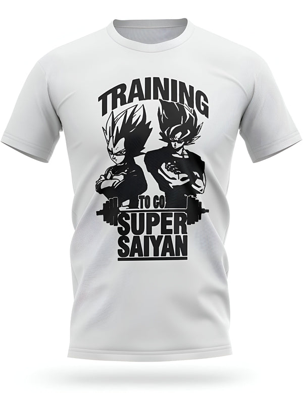 L'image représente un t-shirt blanc avec une illustration de Vegeta et Goku, deux personnages de la série animée Dragon Ball Z. Ils sont représentés en train de s'entraîner avec des haltères. Le texte "Training to go Super Saiyan" est écrit en noir sur le t-shirt.,T--3181512176,T--2325357147,T--6257226171,T--5537654105,T--808439794X,T--6801263870