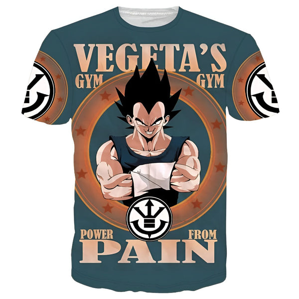 Le t-shirt bleu représente Vegeta, un personnage de la série animée Dragon Ball Z. Il est vêtu d'une combinaison orange et bleue et porte un regard déterminé. Le texte "Vegeta's Gym" est écrit en lettres blanches sur le t-shirt.,T--9070903873,T--1237980399,T--0538548207,T--0402301781,T--9991029745,T--2269793889,T--1336849878,T--9444734455