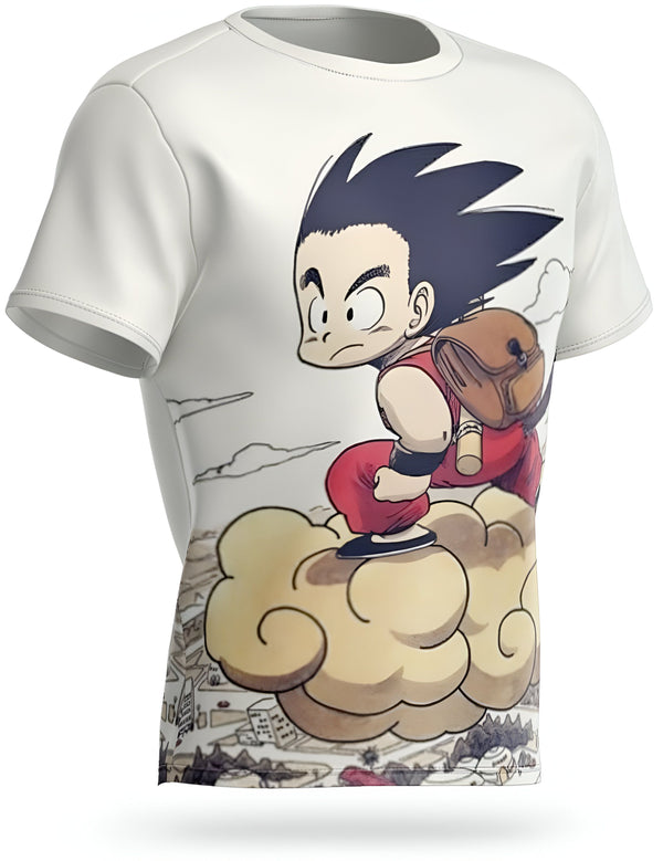 Une image de Son Goku, un personnage de la série animée Dragon Ball Z, volant sur un nuage magique. Il porte une combinaison orange et une ceinture bleue. Il a les cheveux noirs et les yeux bleus. Il est souriant et a l'air heureux.,T--5899235349,T--7438939561,T--9030980915,T--868607698X,T--3011596441