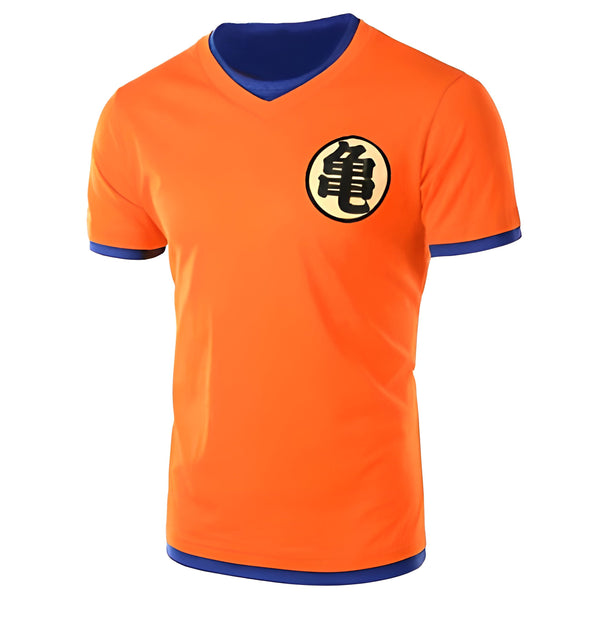 Le t-shirt orange et bleu a un col en V et des manches courtes. Il est orné du logo de Dragon Ball Z, qui est un cercle orange avec un kanji noir au centre.,T--9291393177,T--9915238908,T--4610374072,T--2873889462,T--1715994981