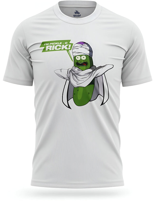 L'image représente un t-shirt blanc avec un dessin de Rick Sanchez de la série animée Rick et Morty. Rick est représenté avec un turban et une cape, et il est en train de dire "I'm pickle-o-rick !".,T--6608486286,T--7443242417,T--5896362420,T--5488939415,T--8099035739,T--0102249040