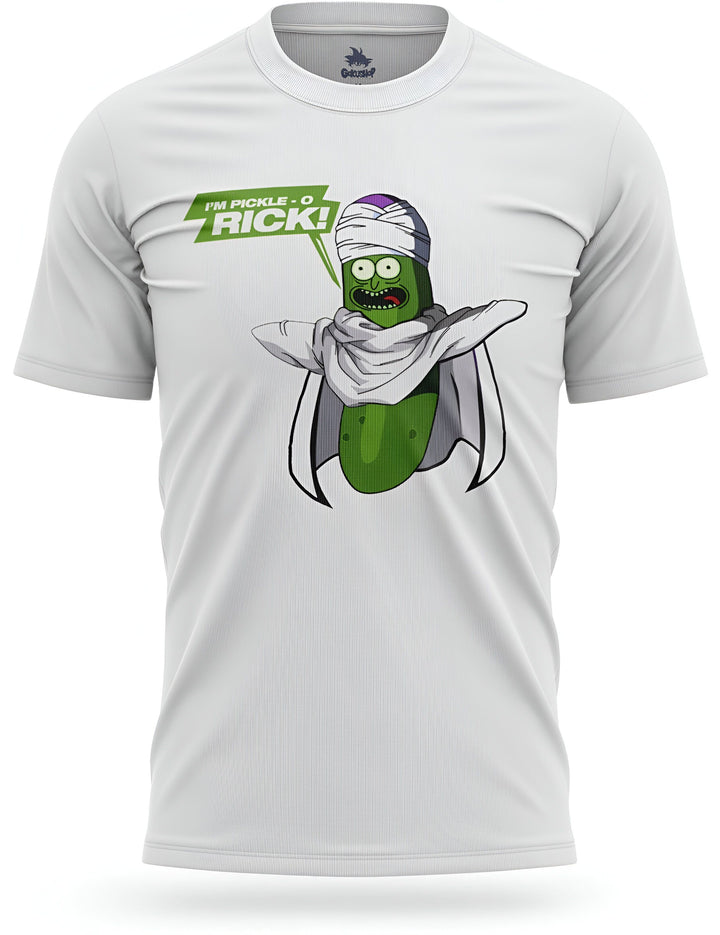 L'image représente un t-shirt blanc avec un dessin de Rick Sanchez de la série animée Rick et Morty. Rick est représenté avec un turban et une cape, et il est en train de dire "I'm pickle-o-rick !".,T--6608486286,T--7443242417,T--5896362420,T--5488939415,T--8099035739,T--0102249040