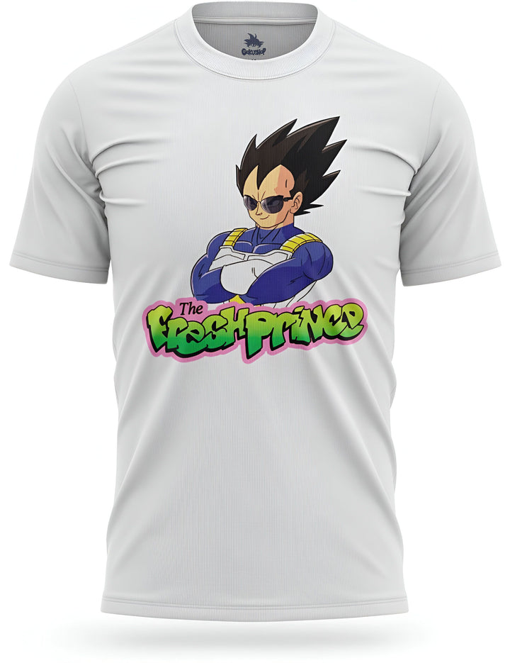 Une image d'un t-shirt blanc avec une illustration de Vegeta, un personnage de la série Dragon Ball Z. Il porte des lunettes de soleil et un chapeau. Le texte "The Fresh Prince" est écrit en lettres vertes et roses sur le t-shirt.,T--1597105546,T--4534837429,T--6412200401,T--4038826236,T--0232425493,T--4858267652